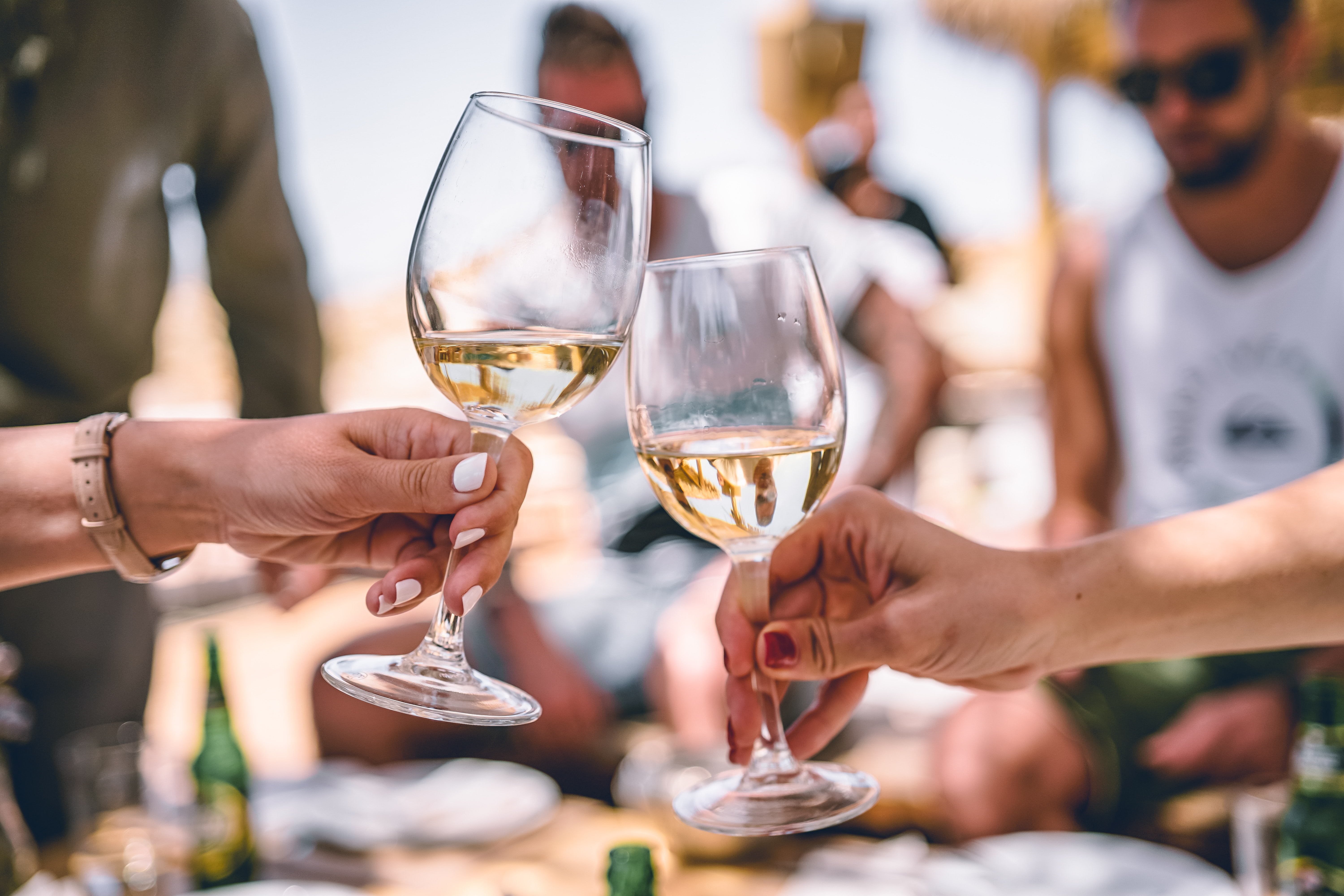 Two people cheers with wine glasses