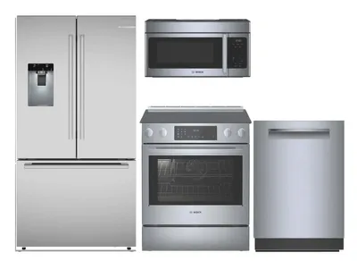 A Bosch B36FD52SNS refrigerator, Bosch SHP65CP5N dishwasher, Bosch HEI8056U range, and Bosch HMV3054U microwave bundle