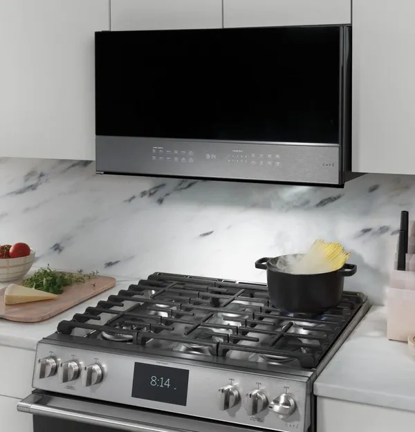 The Cafe CVM721M2NS5 microwave with a Cafe range 