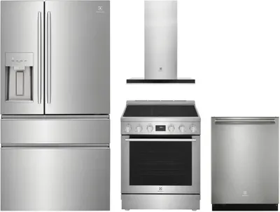 An Electrolux ERMC2295AS refrigerator, Electrolux EDSH4944BS dishwasher, Electrolux ECFI3068AS range, and Electrolux ECVW3062AS range hood bundle