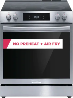 Front view of the Frigidaire Gallery GCFE3060BF slide-in electric range 