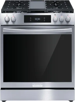 Front view of the Frigidaire Gallery GCFG3060BF slide-in gas range