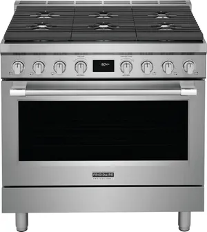 Front view of the Frigidaire Professional PCFD3670AF 36” gas range