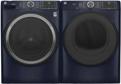 Front view of the GE GFW550SPRRS washer and GE GFD55ESPRRS dryer laundry pair 