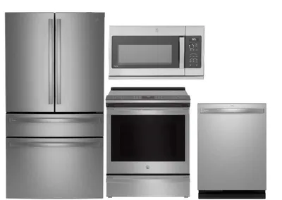GE Profile PFE28KYNFS refrigerator P2S930YPFS range PDT795SYVFS dishwasher PVM9225SRSS microwave package