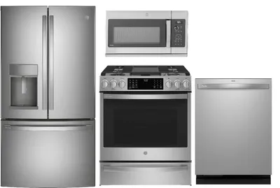 GE Profile PYE22KYNFS refrigerator P2S930YPFS range PDT795SYVFS dishwasher PVM9225SRSS microwave package