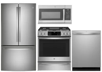 The GE Profile PWE23KYNFS refrigerator P2S930YPFS range PDT795SYVFS dishwasher PVM9225SRSS microwave package 