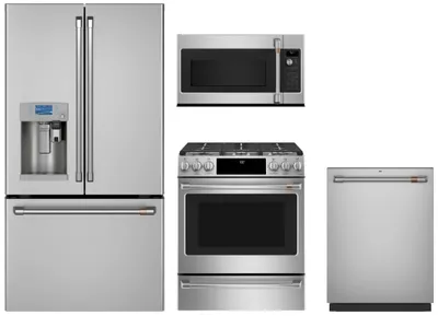 A Cafe CFE28UP2MS1 refrigerator, Cafe CVM521P2MS1 dishwasher, Cafe KSEG700ESS CGS700P2MS1, and Cafe CVM521P2MS1 microwave bundle