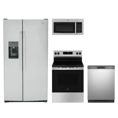 A GE GSS25GYPFS refrigerator, GE GDF535PSRSS dishwasher, GE GRF400SVSS range, and GE JVM3160RFSS microwave bundle
