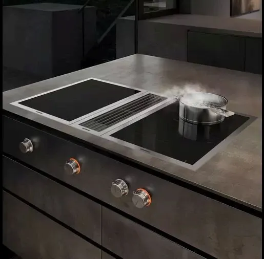 The Gaggenau 400 Series VI422613 cooktop featured installed in a concrete island 