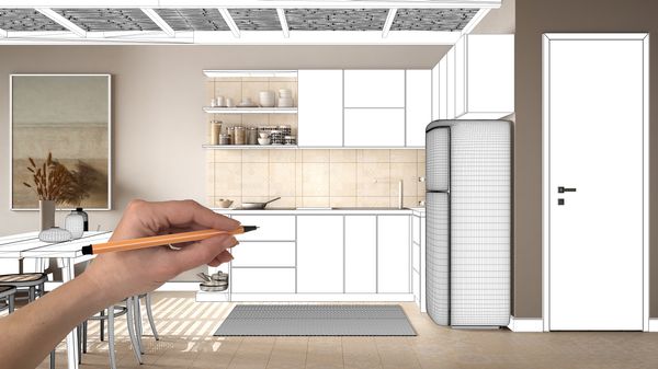A graphic of a hand drawing a kitchen blueprint
