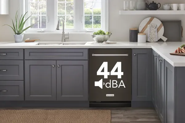 An infographic for the KitchenAid KDTM404KPS dishwasher depicting the dBA rating