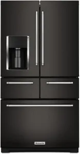 Front view of the KitchenAid KRMF706EBS black stainless refrigerator 