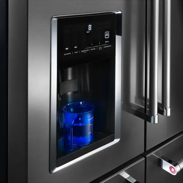 A close-up of the KitchenAid KRMF706ESS refrigerator water dispenser 