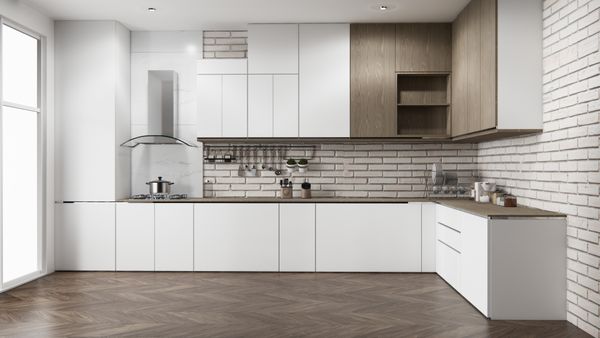 A white L-shaped kitchen  
