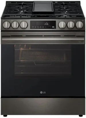 Front view of the LG LSGL5833Z black stainless gas slide-in range