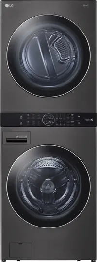 Front view of the LG WKEX200HBA black stainless WashTower