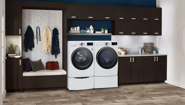 The LG WM4200HWA washer and dryer pair in a laundry room 