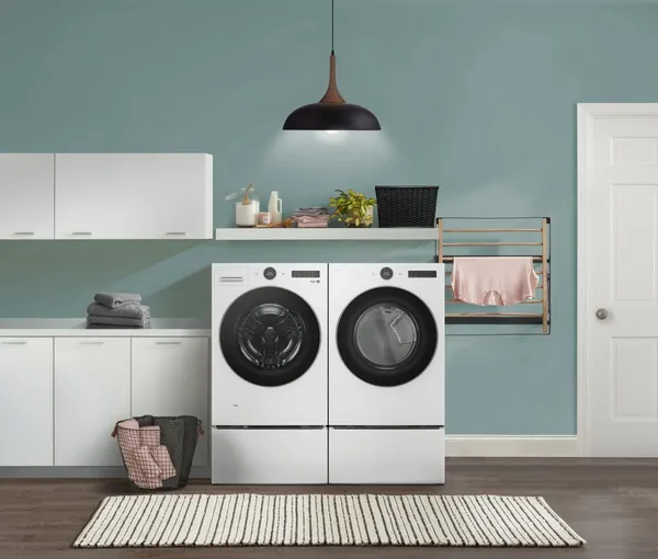 LG WM5500HWA washer and matching dryer in a laundry room 