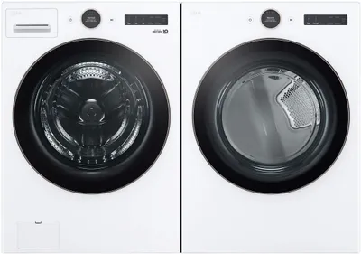 Front view of the LG WM6500HWA washer and LG DLEX6500W dryer laundry pair 