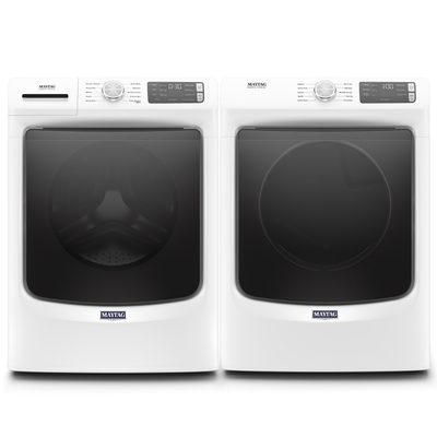Front view of the Maytag MHW5630HW washer and Maytag MED5630HW dryer laundry pair 