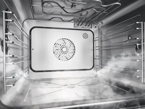 A close-up of steam inside the Miele steam oven 