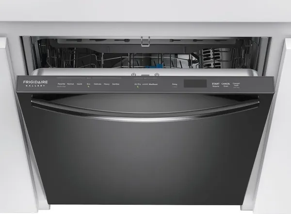 Overhead view of an open Frigidaire Gallery GDSH4715AD dishwasher 