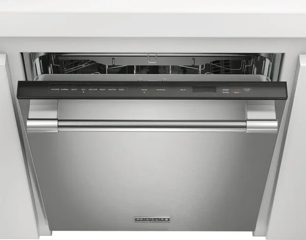 An overhead look at an open Frigidaire Professional PDSH4816AF dishwasher