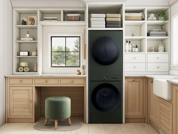 The Samsung Bespoke WH53DBH700EF WashTower in a laundry room 