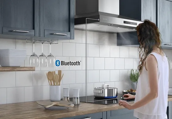 An infographic depicting the Bluetooth capabilities of the Samsung NZ36K7880US cooktop