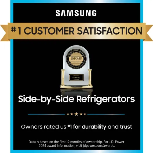 A graphic for Samsung side by side refrigerator customer satisfaction J.D. Power award