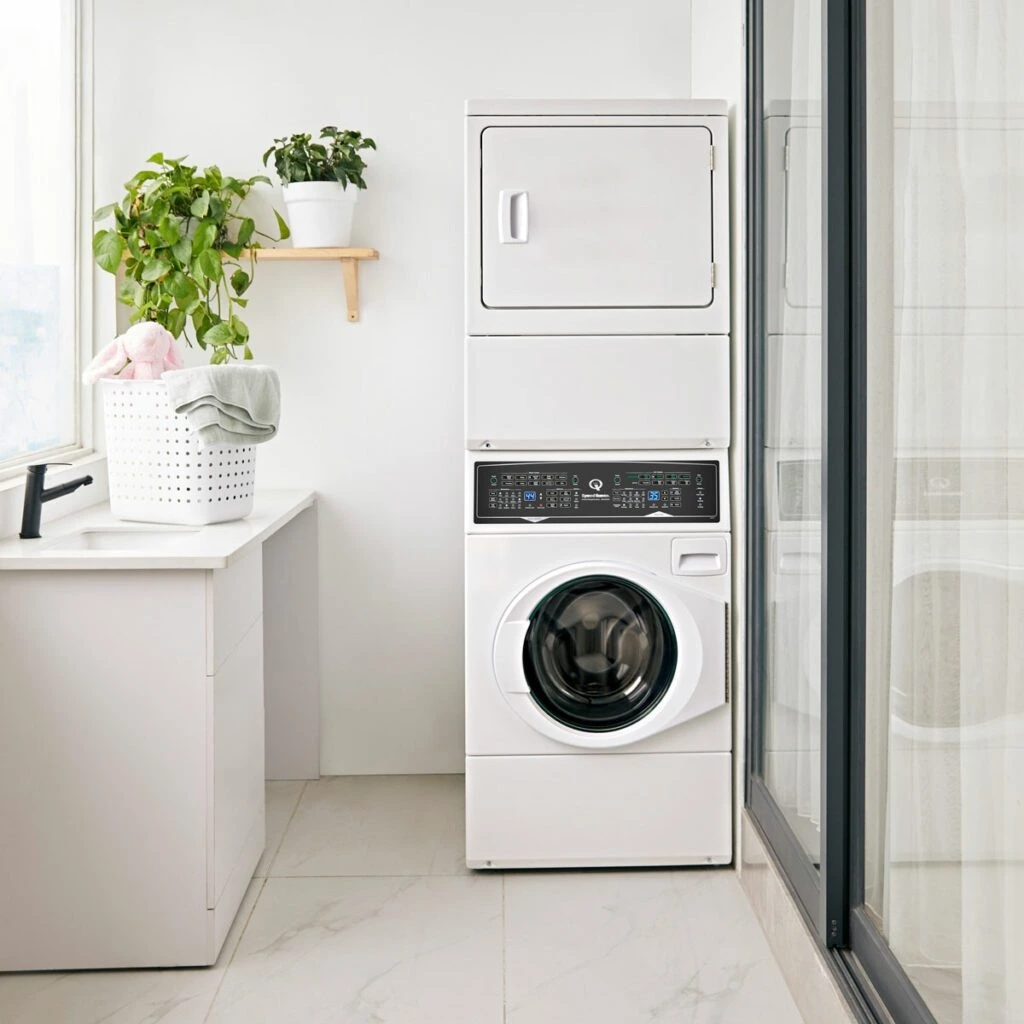 The Speed Queen SF7007WE laundry tower in a laundry room