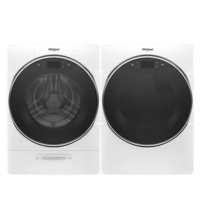 Front view of the Whirlpool WFW9620HW washer and Whirlpool WED9620HW dryer laundry pair 