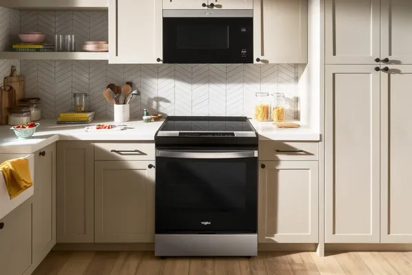 The Whirlpool WSIS5030RZ induction range featured in a kitchen 