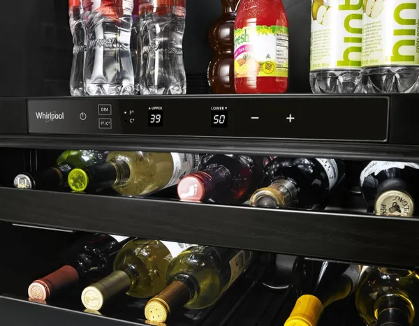 A close-up of the Whirlpool WUB35X24HZ wine cooler temperature display
