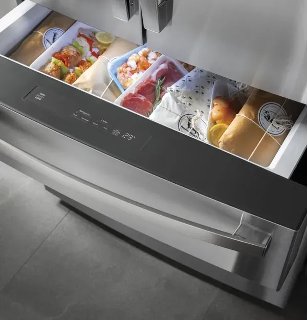 A close-up look at the convertible drawer on the GE Profile PVD28BYNFS French door refrigerator 