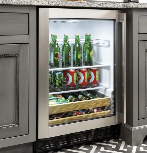 The Monogram ZDBR240NBS beverage center with select beverages 