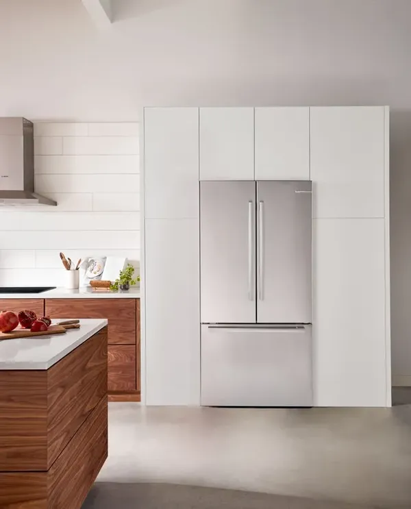 A Bosch French door refrigerator in a kitchen 