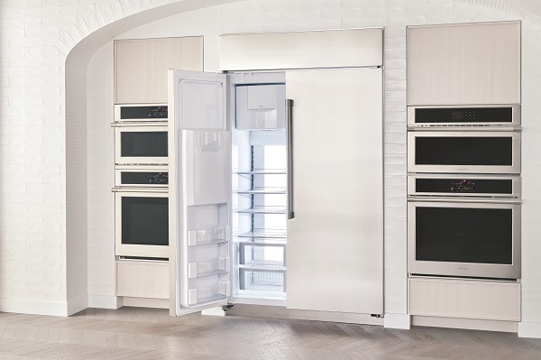 A Monogram panel ready built in refrigerator in a high-end kitchen 