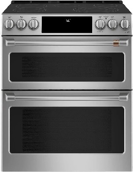 Front view of the Café CES750P2MS1 double oven range 