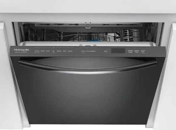 Close-up of the Frigidaire Gallery GDSH4715AD dishwasher with its door open 