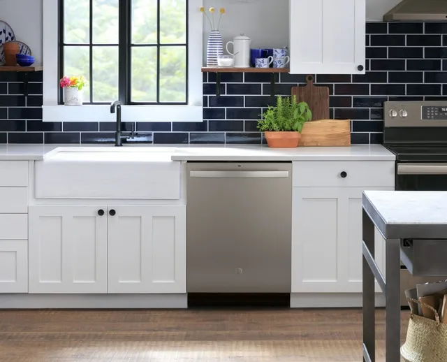The GE GDT550PMRES slate dishwasher in a kitchen 