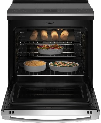 The GE Profile PHS930YPFS range with its oven door oven featuring casseroles and bread loaves 