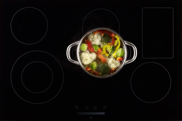 Overhead shot of a pot of vegetables cooking on an induction cooktop 