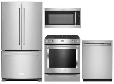 A KitchenAid 4-piece appliance package with a French door refrigerator, slide in gas range, over the range microwave, and dishwasher 