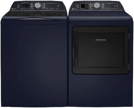 Front view of a GE Profile washer and dryer pair featuring the GE Profile PTW900BPTRS washer and GE Profile PTD90EBPTRS dryer 