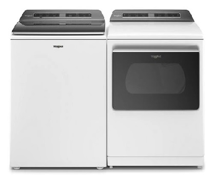 Front view of a Whirlpool washer and dryer set featuring the Whirlpool WTW8127LW washer and Whirlpool WED8127LW dryer 