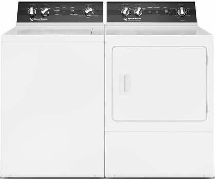 Front view of the Speed Queen washer and dryer pair featuring the Speed Queen TR5003WN washer and Speed Queen DR5004WG dryer. 
