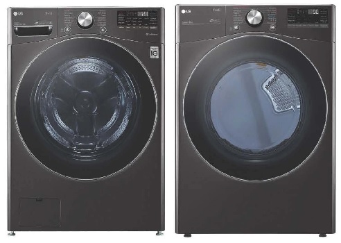 Front view of an LG washer and dryer pair featuring the LG WM4200HBA washer and LG DLEX4200B dryer 