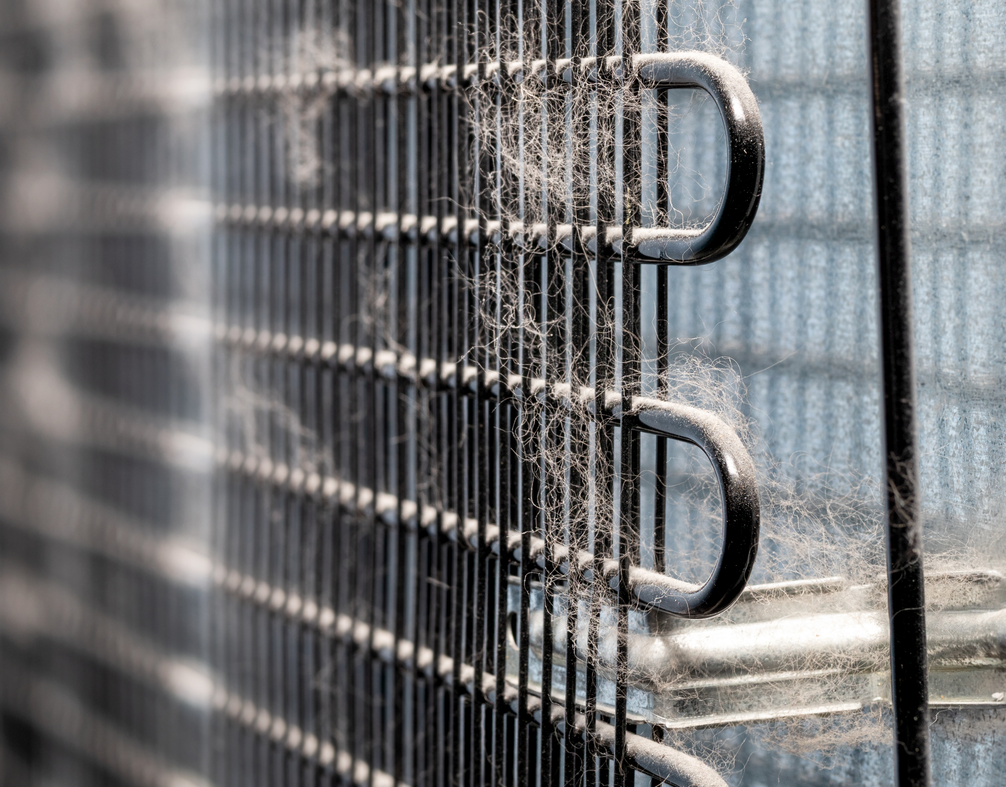 A close-up view of refrigerator coils with dust 